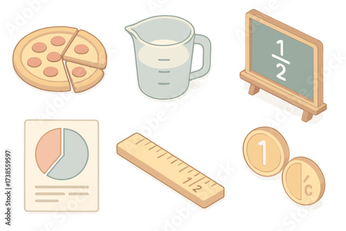 Real-Life Fractions Illustrated. Isometric vector illustration set Real-Life Fractions: pizza sliced into pieces, recipe measuring