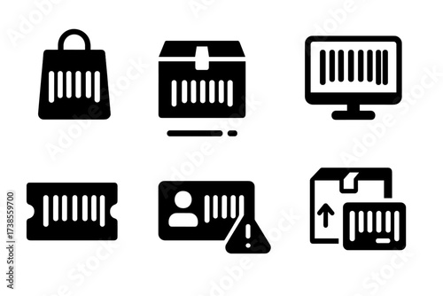 Barcode Application Icons. Solid, filled icon set of barcode applications: retail sales, inventory control, asset tracking, library system, ticket validation,