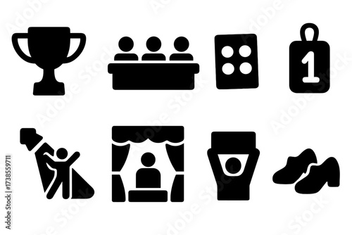 Dance Competition Icons. Solid, filled icon set of dance competition items: trophy, judge panel, scorecard, contestant number, spotlight on dancer, stage