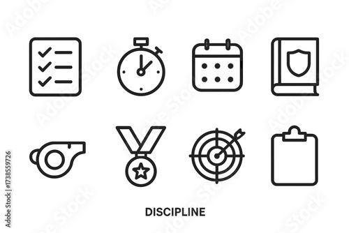 Discipline Icon Set. Outline icon set of discipline: checklist, stopwatch, calendar, rulebook, whistle, medal, target, clipboard. Line icons in only black