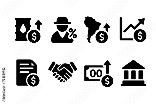 Inflation Icon Set. Solid, filled icon set of inflation historical events: 1970s oil crisis, Weimar hyperinflation, Latin America inflation, Great Inflation,