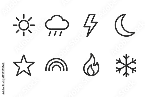 Mood and Anxiety Icons. Outline icon set of mood symbols: sunshine, cloud with rain, lightning bolt, crescent moon, star, rainbow, flame, snowflake. Line icons