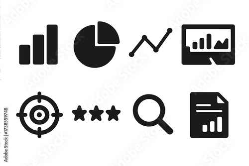 Influence Metrics Icons. Solid, filled icon set of influence metrics: bar chart, pie chart, line graph, analytics dashboard, target, rating stars, magnifying