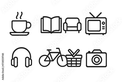 Weekend Essentials Icons. Outline icon set of weekend: coffee cup, book, sofa, television, headphones, bicycle, picnic basket, camera. Line icons in only black