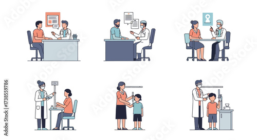 Medical Examination and Health Checkups in a Clinical Setting Featuring Doctors Patients and Pediatricians Conducting Various Health Assessments