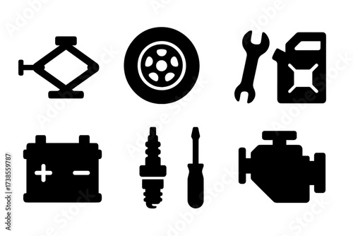 Automotive Repair Icons. Solid, filled icon set of automotive repair: car jack, tire, wrench, oil can, battery, spark plug, screwdriver, car engine. Solid,