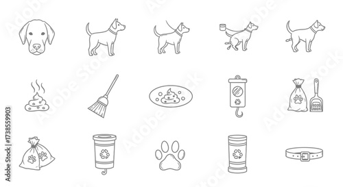 Set of Dog Care and Cleaning Icons Showing Pet Accessories Grooming Supplies and Waste Management Tools