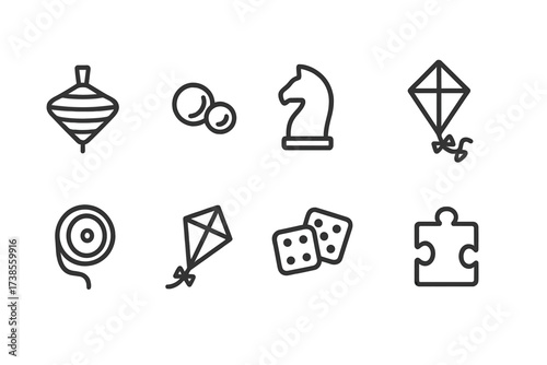Traditional Toys Icons. Outline icon set of traditional games and toys: spinning top, marbles, chess piece, jump rope, yo-yo, kite, dice, puzzle piece. Line