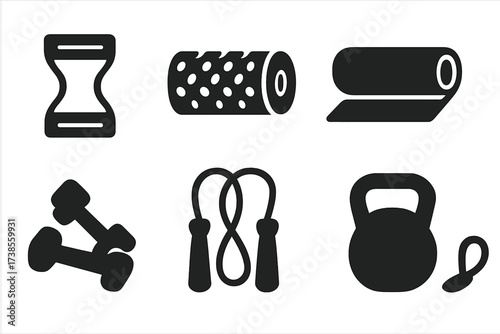 Warm-Up Equipment Icons. Solid, filled icon set of warm-up equipment: resistance bands, foam roller, yoga mat, dumbbells, skipping rope, kettlebell, exercise