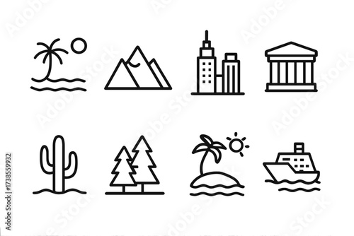 Travel Icon Collection. Outline icon set of popular travel destinations: beach, mountain, city skyline, historical monument, desert, forest, island, cruise