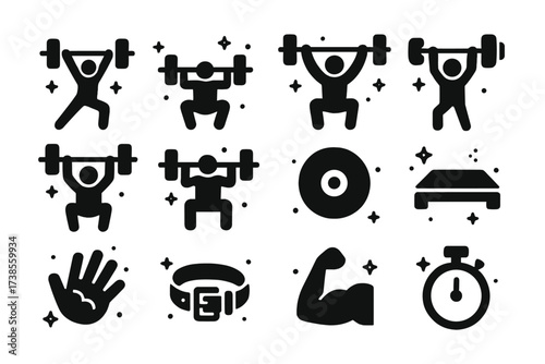 Olympic Lifts Icons. Olympic lifts. Solid icons set of Olympic lifts: snatch, clean, jerk, overhead press, front squat, back squat, barbell plate, lifting