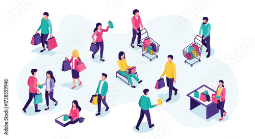 Diverse Shoppers Enjoying a Day of Retail Therapy with Bags and Carts of Purchases