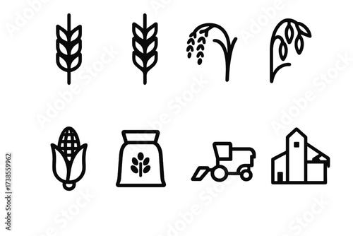 Grain Harvest Icons. Solid, filled icon set of grain harvest: wheat stalk, barley stalk, rice plant, oat plant, corn cob, grain bag, threshing machine, grain