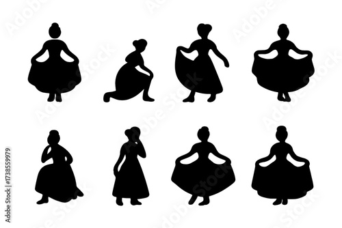 Curtsy Icon Collection. Solid, filled icon set of curtsy poses: classic curtsy, deep curtsy, half curtsy, ballroom curtsy, royal curtsy, court curtsy, shy