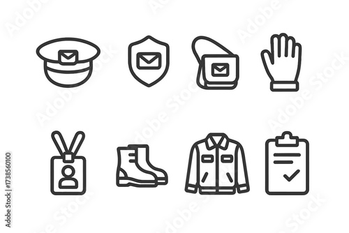 Postal Uniform Icons. Outline icon set of postal uniform: cap, badge, mailbag, gloves, ID card, boots, jacket, clipboard. [Line icons in only black color,