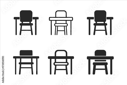 Workspace Logo Variations. Tidying workspace. Set Logo of Tidying workspace: Chair at clean desk. harmonious logo variations of the same emblematic concept,