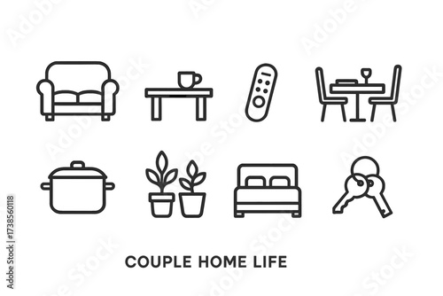 Couple and Care Icons. Outline icon set of couple home life: couch, coffee table, TV remote, dining table, cooking pot, plants, bed, house keys. Line icons in