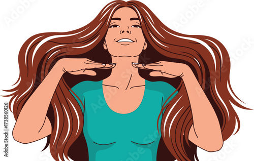 Vector art of happy woman with long brown hair posing with copy space