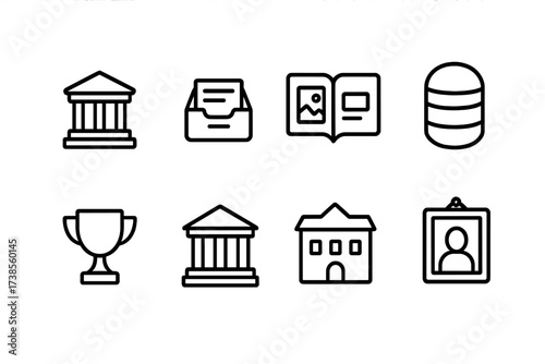 Legacy Preservation Icons. Outline icon set of legacy preservation: museum, archive, photo album, time capsule, trophy, library, heritage building, framed