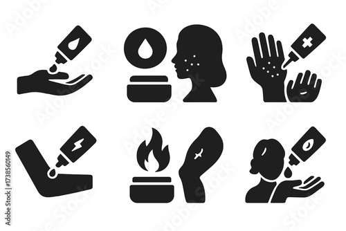 Healthcare Ointment Icons. Solid, filled icon set of ointment uses: wound healing, skin hydration, rash relief, pain relief, burn treatment, eczema care,