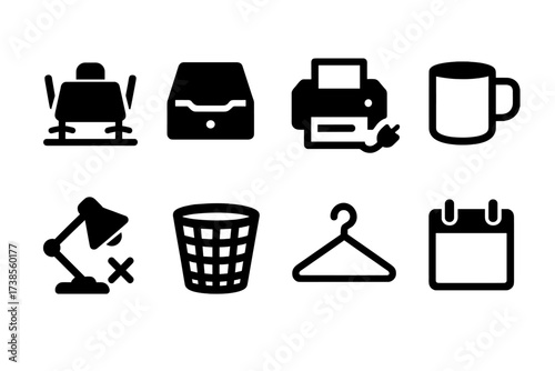 Abandoned Office Icons. Solid, filled icon set of abandoned office: empty meeting room, empty desk drawer, unplugged printer, empty coffee mug, switched-off