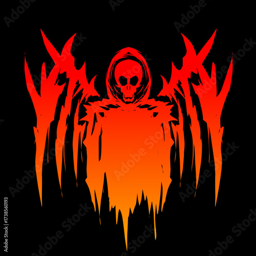 Fiery grim reaper silhouette with burning wings, gothic horror dark art for streetwear, metal merch, poster, and edgy designs