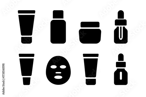 Travel Skincare Icons. Solid, filled icon set of travel size skincare: mini cleanser, travel toner, small moisturizer, tiny serum bottle, travel eye cream,