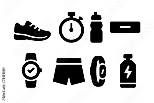Runner's Gear Icons. Solid, filled icon set of runner equipment: running shoes, stopwatch, water bottle, headband, sports watch, running shorts, fitness