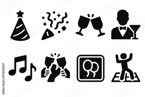 Party Icons Grid. Solid, filled icon set of counter party and events: party hats, confetti, clinking glasses, bartender silhouette, music notes, celebration
