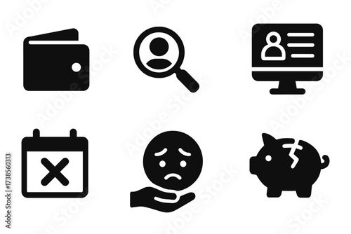 Unemployment Icon Set. Solid, filled icon set of unemployment after layoff: empty wallet, job search, resume, computer with job board, calendar with cross,