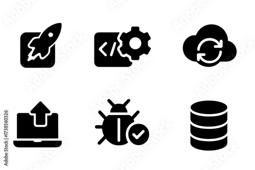 Software Icon Set. Solid, filled icon set of software boost: rocket app, code optimization, speed dial, cloud sync, system upgrade, bug fix, shield, database.