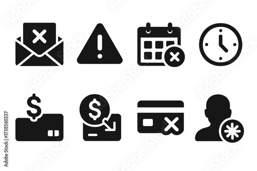 Late Payment Icons. Solid, filled icon set of late payment concepts: overdue notice, warning sign, calendar with past date, clock ticking, payment reminder,