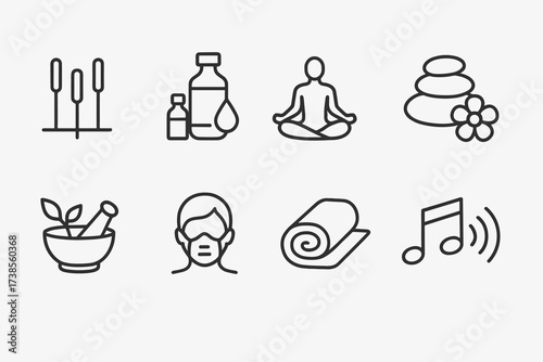 Zen and Sea Icons. Outline icon set of zen wellness: acupuncture needles, essential oils, massage stones, yoga pose, herbal medicine, breathing mask, spa