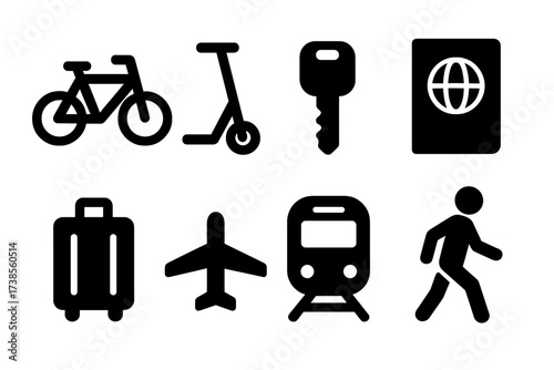 Mobility Icons Grid. Solid, filled icon set of independence in mobility: bicycle, electric scooter, car key, passport, suitcase, airplane, train, walking