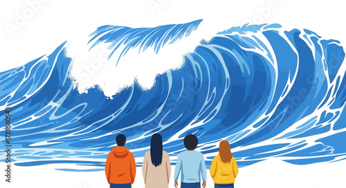 A massive powerful ocean wave crashes towards a small group of people standing on a beach watching the enormous swell approach them