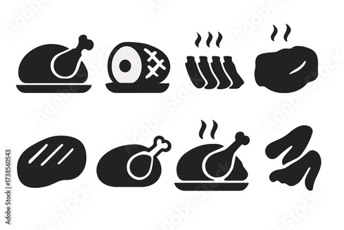 Cooked Meat Icons. Solid, filled icon set of cooked meats: roast chicken, baked ham, slow-cooked ribs, braised beef, grilled pork, roasted lamb, smoked turkey,