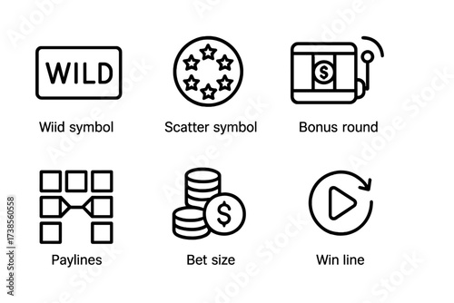 Slot Machine Icons. Outline icon set of slot machine features: wild symbol, scatter symbol, bonus round, free spins, paylines, bet size, win line, autoplay.