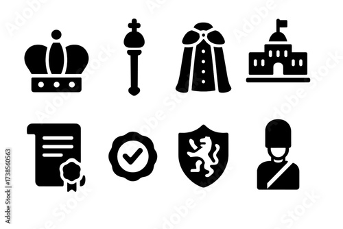 Monarchy Icon Set. Solid, filled icon set of monarchy power: royal crown, scepter, royal robe, palace, scroll decree, wax seal, noble crest, royal guard.