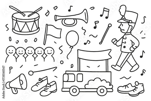 Marching Band Doodles. Hand-drawn doodle illustration Parade marching band, drum, trumpet, flag, confetti, balloon, crowd, float, banner, drum major, shoes,