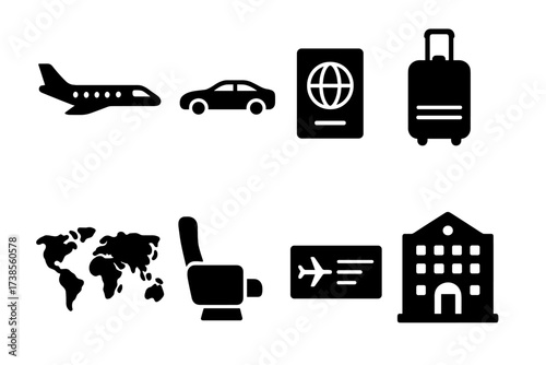 Billionaire Travel Icons. Solid, filled icon set of billionaire travel: private jet, luxury car, passport, suitcase, world map, first-class seat, boarding