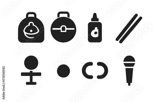 Cymbal Accessories Icons. Solid, filled icon set of crash cymbal accessories: cymbal bag, cymbal case, cymbal cleaner, drumsticks, practice pad, muffling pad,