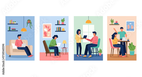 People working and studying in modern comfortable home office environments