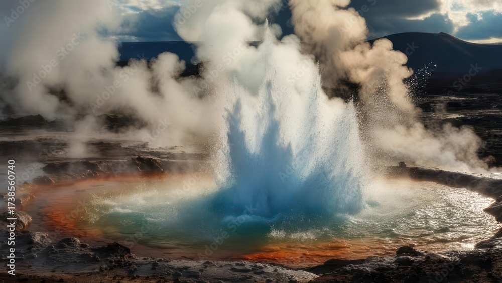Obraz premium Geothermal Wonder Erupting with Steam and Colorful Minerals.