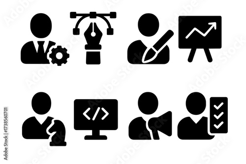 Campaign Roles Icons. Solid, filled icon set of campaign roles: manager, designer, copywriter, analyst, strategist, developer, marketer, coordinator. [Line