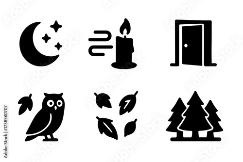 Kikimora Icon Set. Solid, filled icon set of kikimora atmospheric elements: moonlight, fog, flickering candle, creaky door, cold wind, owl, falling leaves,