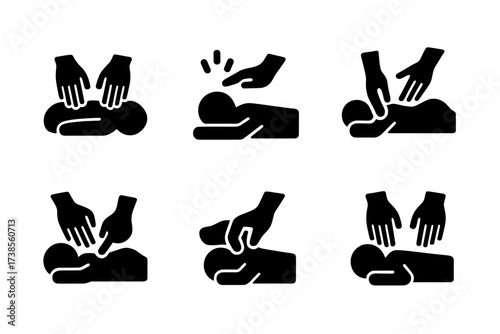 Massage Techniques Icons. Solid, filled icon set of relief massage techniques: kneading, tapping, rolling, stretching, rubbing, cupping, acupressure, shiatsu.
