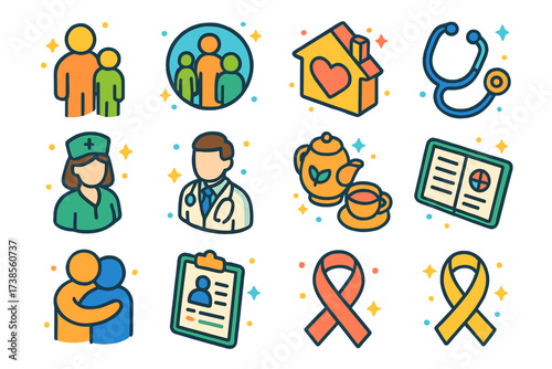 Family Health Icons. Family health group. Colorful isometric vector icons set of family health group: parent figure, child, family circle, heart house,