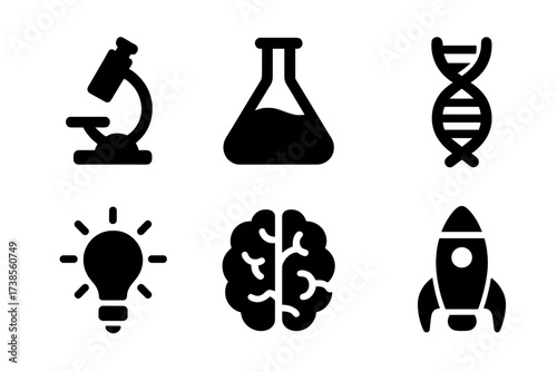 Scientific Innovation Icons. Solid, filled icon set of scientific innovation: microscope, flask, atom, DNA strand, light bulb, gear, brain, rocket. [Line icons
