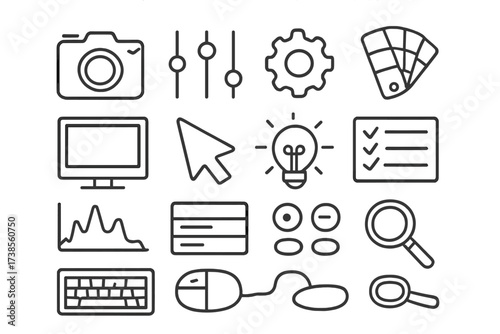 Creative Design Tools. Hand-drawn doodle illustration photo preset camera, sliders, gear, color palette, computer screen, cursor, light bulb, checklist,