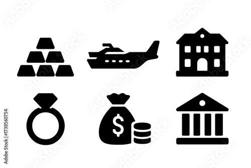 Oligarch Wealth Icons. Solid, filled icon set of oligarch wealth symbols: gold bars, luxury yacht, private jet, mansion, diamond ring, money bag, stack of